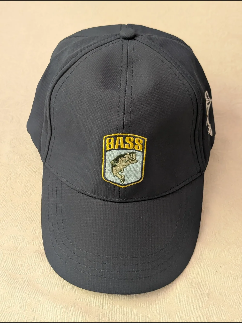 BASS Black Adjustable Baseball Cap Embroidered Fish Logo Fishing Hat